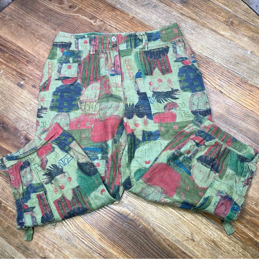 Chicos Womens Capri Pants Green Red Geometric Pockets Linen Size 1 (8/10)